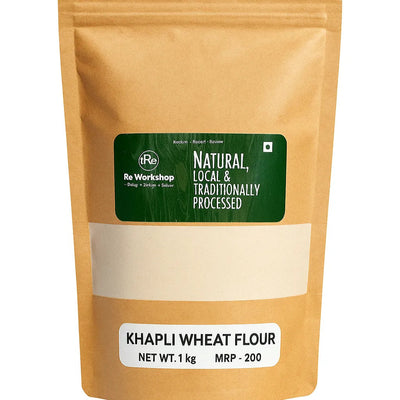 Khapli wheat flour in a bowl, made from traditional Emmer wheat.